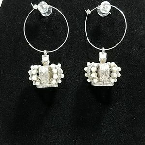 Crown faux hoop silver pearl dangle earrings